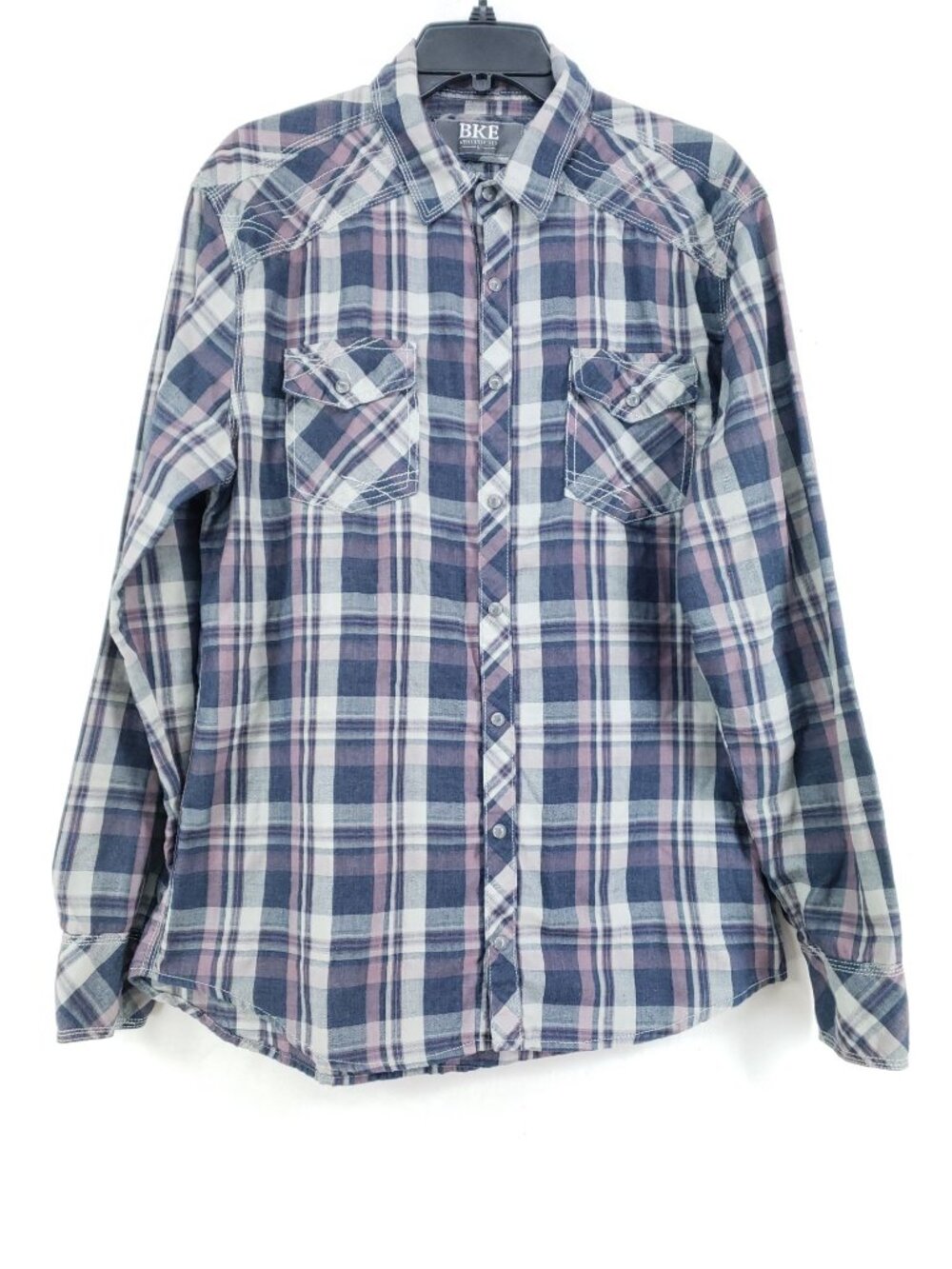 BKE Athletic Fit Pearl Snap Shirt Men's Size Large Blue Plaid